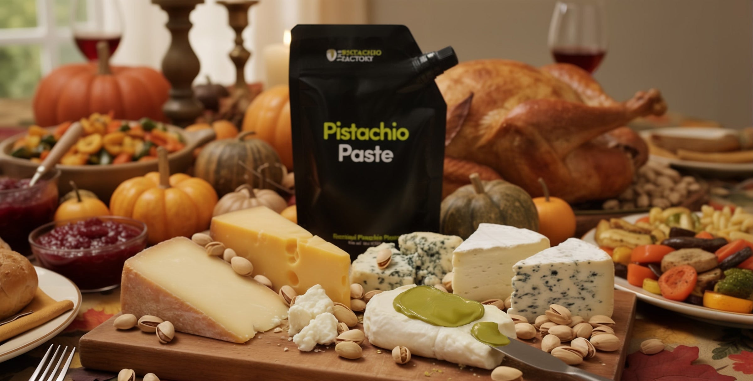 Pistachio paste bag on a table with cheese, nuts, and a roasted turkey.
